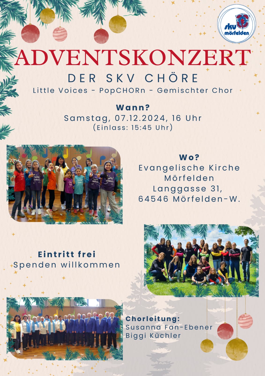 Flyer für das Adventkonzert am 07.12.2024 um 16 Uhr (Einlass 15:45 Uhr) in der evangelischen Kirche Mörfelden